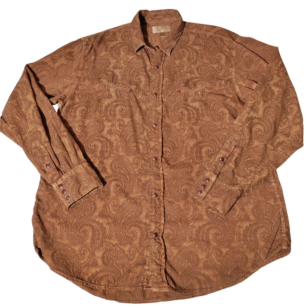 Ryan Michael Mens XL Silk Cotton Paisley Western Snap Shirt Tan Brown